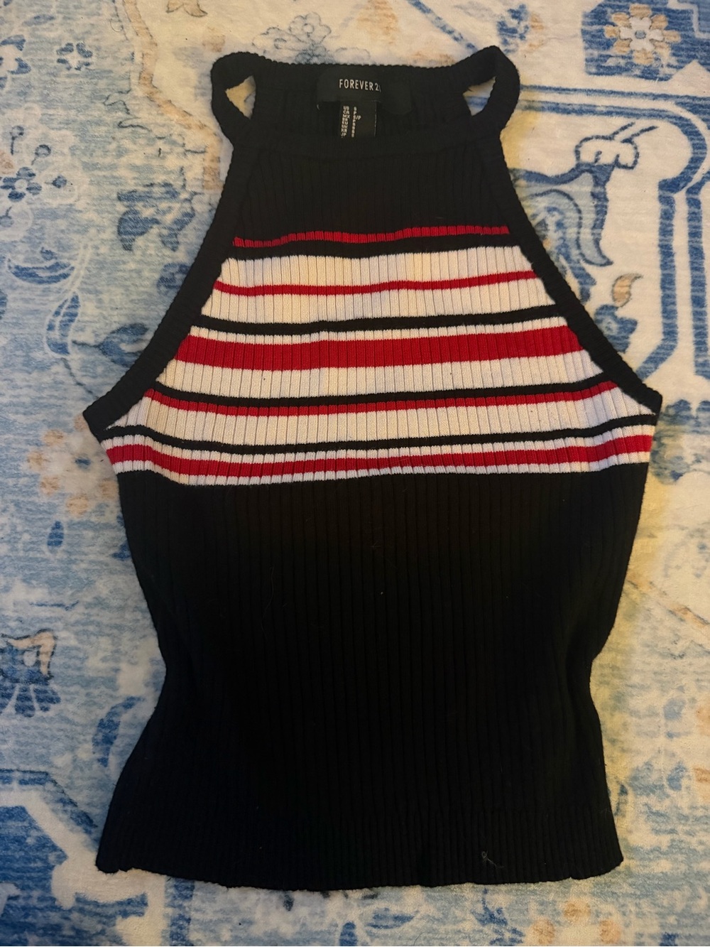 Forever 21 Black Ribbed Halter Tank with Red and White Stripes